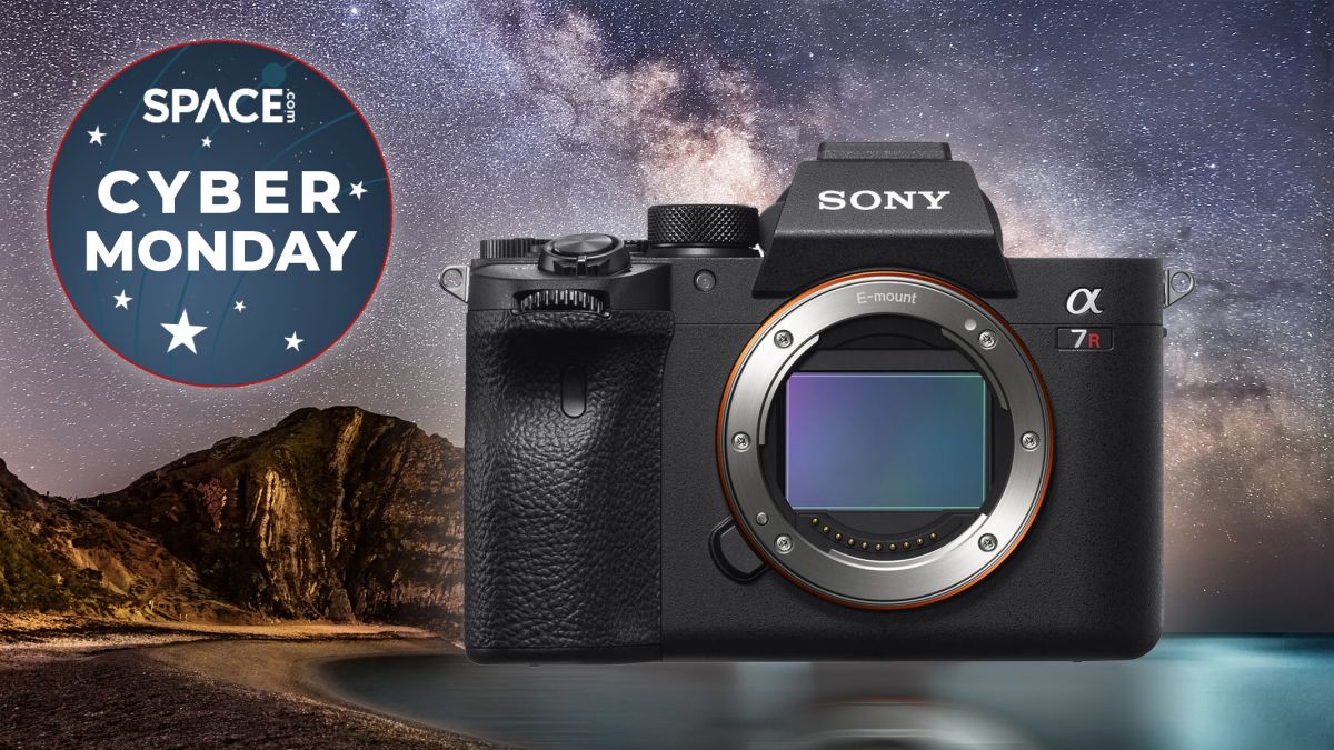 Sony A7R IV camera against milky way over durdle dor with cyber monday logo