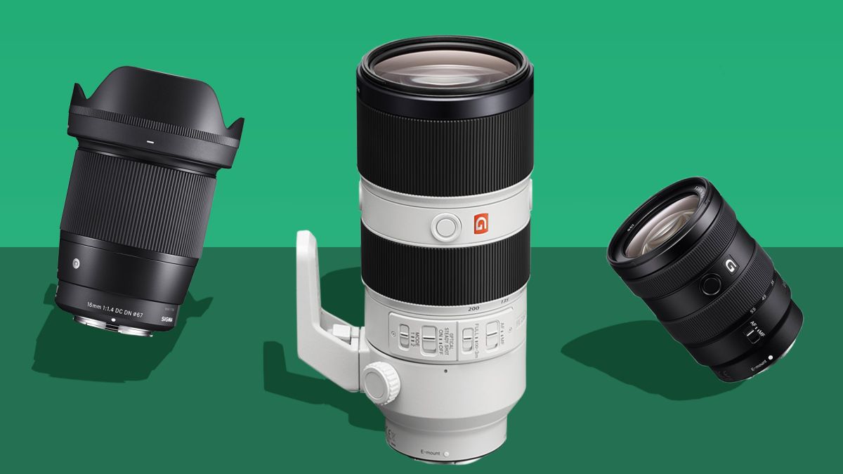 Three Sony E-mount lenses on a green background