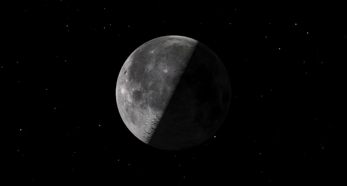 Graphic from Starry Night software showing the half illuminated moon surface in the night sky.