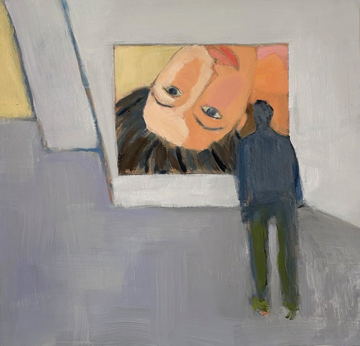 “Looking at Alex Katz,” oil on panel by Sarah Benham Spongberg. At Jag Gallery. COURTESY PHOTO