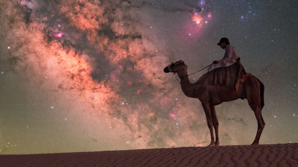 Person on a camel in the desert in front of the Milky Way