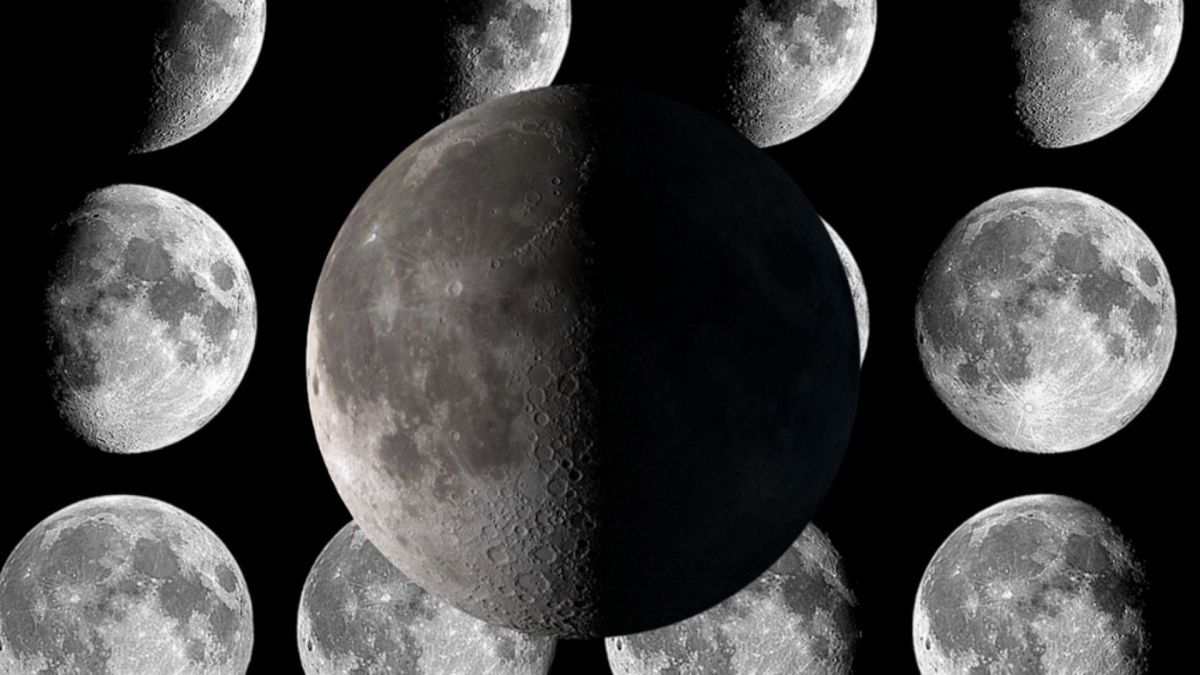 The half-illuminated last quarter moon against a background of the moon during other phases.