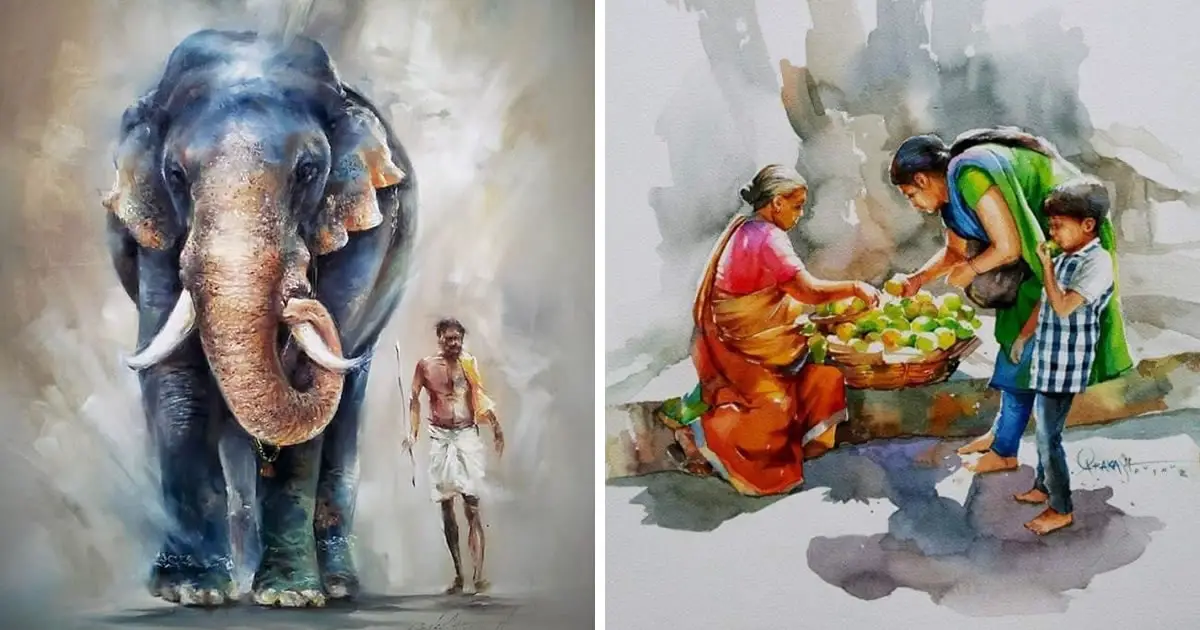 Indian Artist Prakashan Puthur Creates Stunning Watercolor Paintings Of Village Life